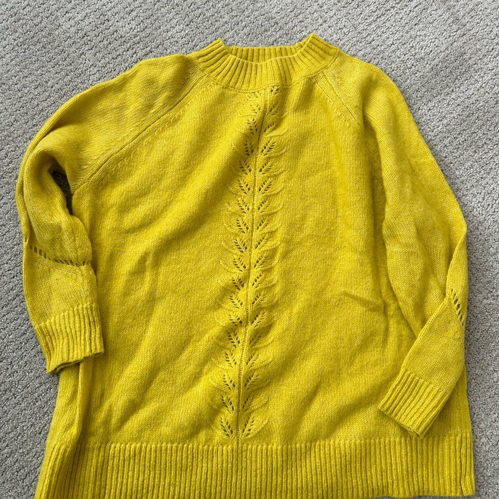 LOFT Yellow Crew Neck Sweater with Cable Knit Design